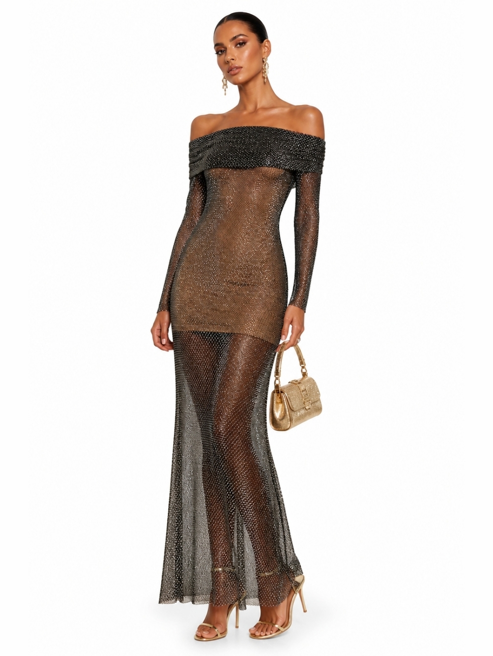 NWT $1215 SELF PORTRAIT Crystal Fishnet Maxi Dress Rhinestone Black Off Shoulder